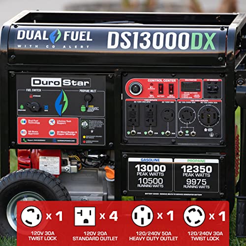 DuroStar DS13000DX 13,000-Watt/10,500-Watt 500cc Electric Start Dual Fuel Portable Generator w/CO Alert